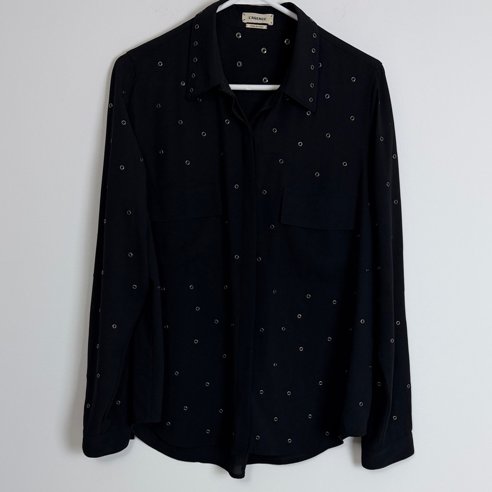 L'AGENCE Bruno black blouse grommet detail button down shirt size large
